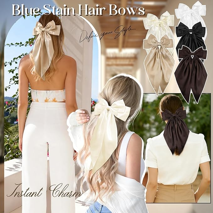 Brown Big Hair Bow for Women - 5Pcs Large Hair Clips for Girls Silky Satin Bows Set, Oversized Long Tail Cute Hair Ribbons Barrettes Aesthetic Hair Accessories Hairbows Gifts