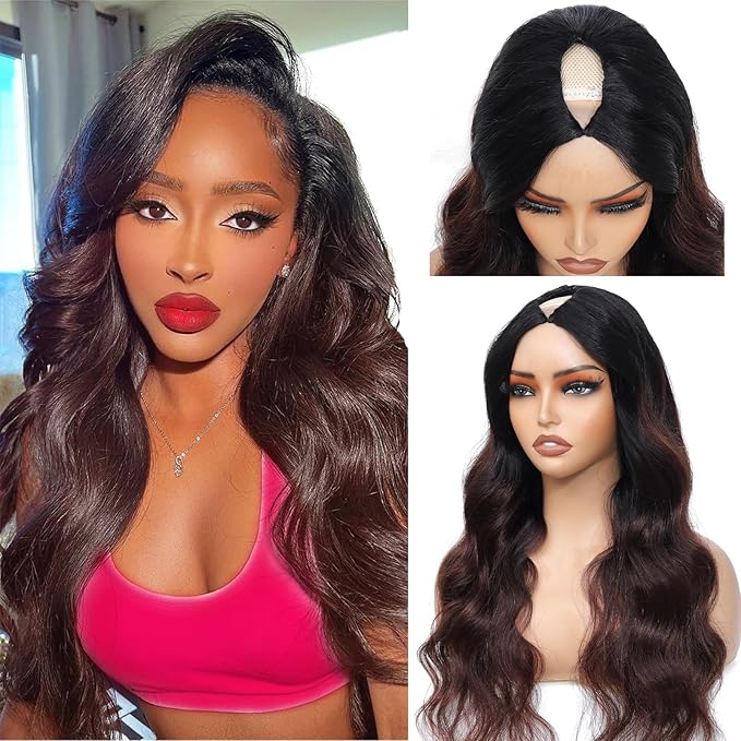 Ombre V Part Wig Human Hair Body Wave Brown Wig Upgrade U Part Human Hair Wig with Clips Glueless Wigs Human Hair Clip in Half Wigs No Leave Out Highlight Wig Human Hair 180% Density 20 inch