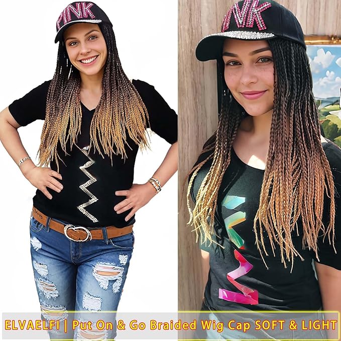Bling Cap w/18 inch 3X Braids Wigs 100 Strands, Ombre Brown Hair Extensions, Breathable & Effortless Chic
