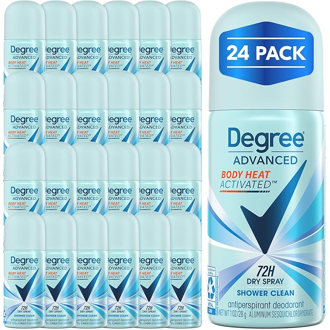 Degree Women’s Travel Deodorant Antiperspirant 24-Pack – Body Heat Activated 72H Protection Mini Dry Sprays, Shower Clean Scent, 1 Oz Ea