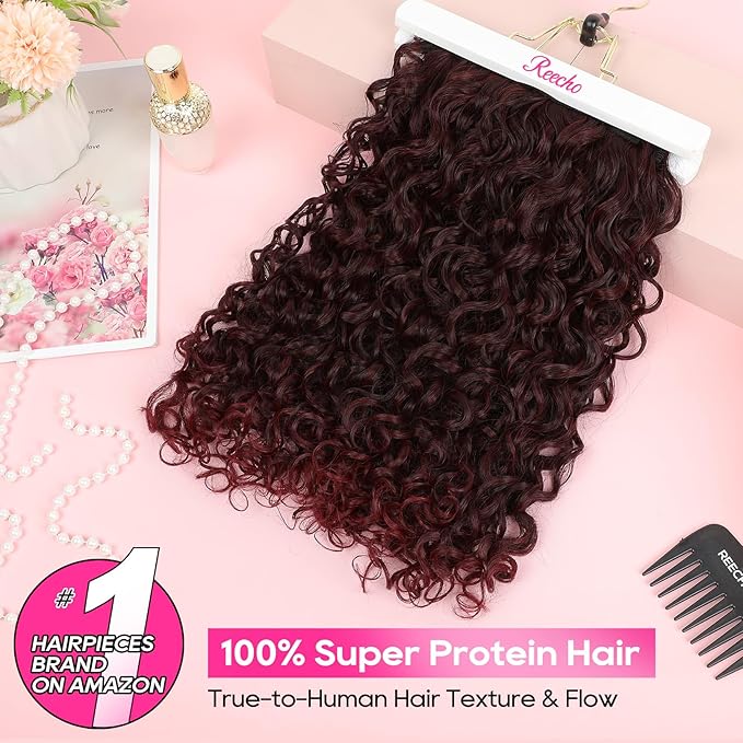 REECHO Curly Hair Extensions - 4PCS 18" GoGo Curly Clip in Hair Extensions 100% Super Protein Hairpieces with Invisible Lace Weft Silky Soft Natural Look for Women - Wirn Red