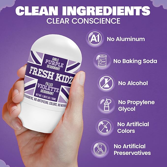 Fresh Kidz Roll On Deodorant for Kids and Teens - Baking Soda and Aluminum-free 24 Hour Protection for Sensitive Skin - Girls "Purple" 1.86 fl.oz. (3 Pack)