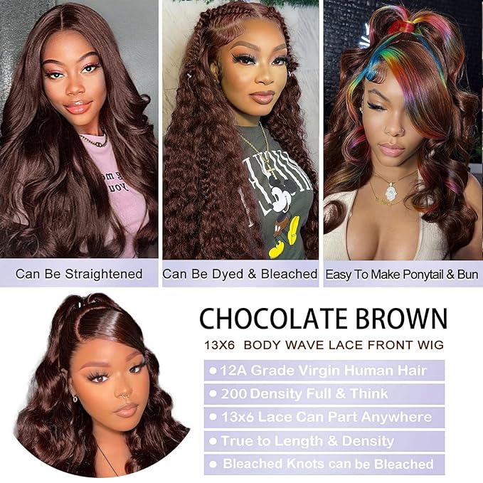 36 Inch Chocolate Brown Lace Front Wig Human Hair 200% Density 13x6 Body Wave Lace Front Wigs HD Transparent Glueless Wig Pre Plucked With Baby Hair 4# Brown Wig For Women