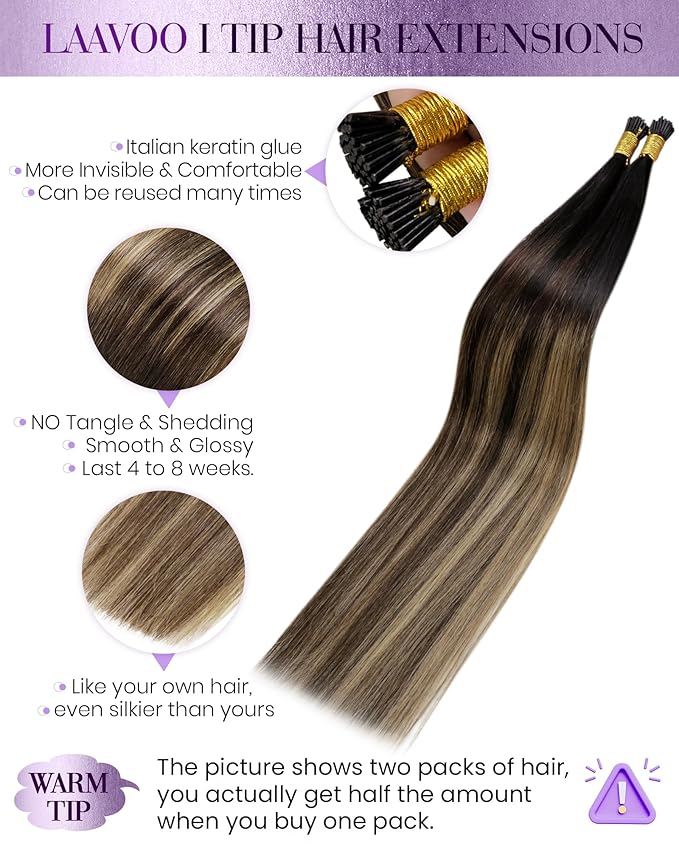 LaaVoo I Tip Hair Extensions Human Hair Natural Black Balayage Medium Brown Ombre Caramel Brown Itip Human Hair Extensions Soft Straight Itips Hair Extensions Human Hair 22in 1g/1s 50g/pack