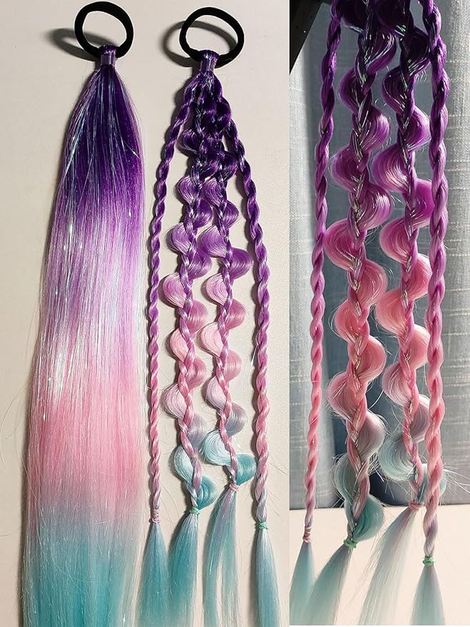 Colored Hair Extensions for Braids Ombre Ponytail Extension Colorful 2 Packs, 20 inch Crazy Hair Day Accessories for Women, DIY Festival Wacky Rave Braids,Tinsel Mixed