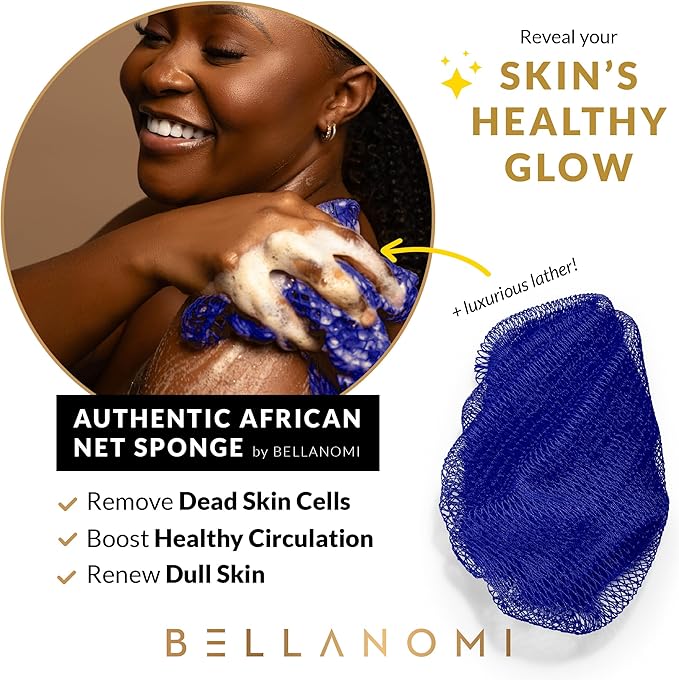 BELLANOMI 4 Piece African Exfoliating Net Sponge Long African Bath Sponge, Authentic Ethically Sourced from Nigeria, Great for Daily Use (Navy Blue, Baby Blue, Blush, Pink)