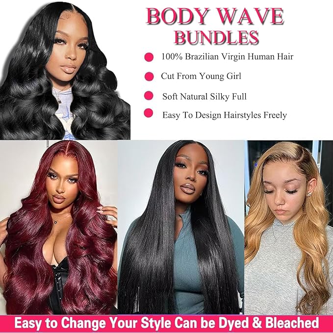 Real Human Hair Bundles Body Wave 14 16 18 Inch with 12 Inch Lace Closure, 3 Bundles Unprocessed Natural Black Remy Brazilian Virgin Cambodian Hair Wavy, 1b, No Tangle No Shedding
