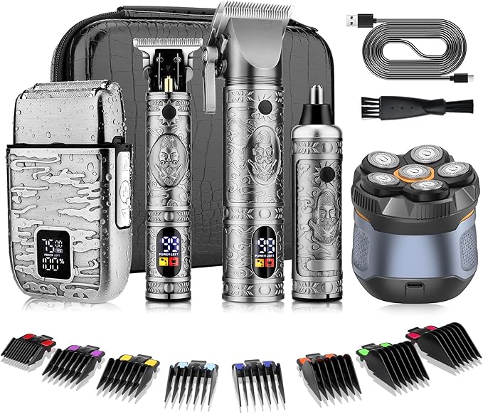 Pro Hair Clippers for Men,Hair Clippers+T-Blade Trimmer+Electric Shaver+Nose Hair Trimmer +6D Electric Head Shaver Set,5 in 1 Cordless Barber Hair Cutting Kit LCD Display Gifts