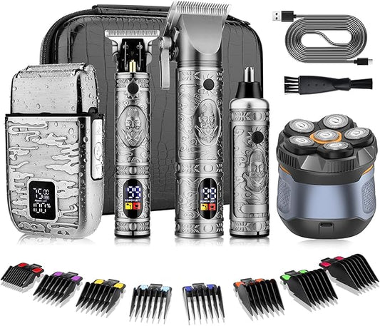Pro Hair Clippers for Men,Hair Clippers+T-Blade Trimmer+Electric Shaver+Nose Hair Trimmer +6D Electric Head Shaver Set,5 in 1 Cordless Barber Hair Cutting Kit LCD Display Gifts