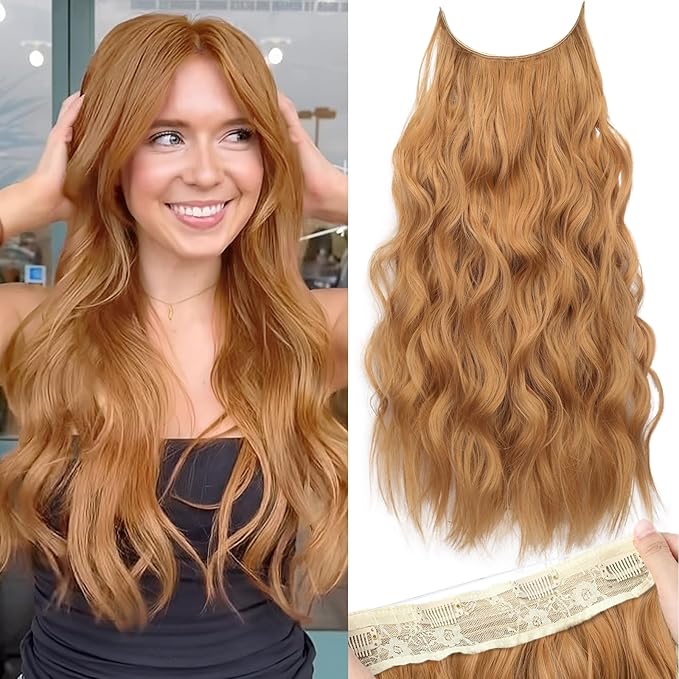 KooKaStyle Invisible Wire Hair Extensions with Transparent Headband Adjustable Size 4 Secure Clips Long Wavy Secret Wire Hairpiece 24 Inch for Women(Medium Reddish Blonde)