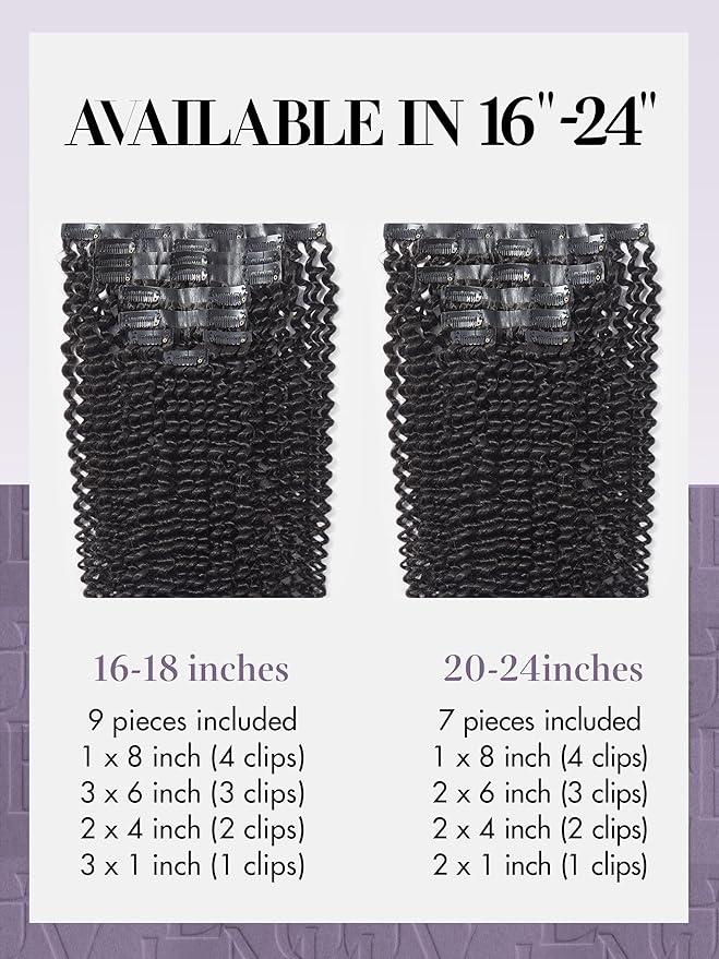 LUVME Curly Clip in Hair Extensions Real Human Hair Kinky Curly Clip Ins Fullness with 1 Pack for Women Brazilian Remy Human Hair Natural Black 135g 9pcs 16Inch