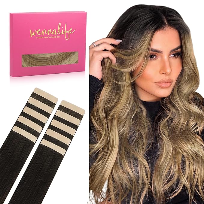 WENNALIFE Tape in Hair Extensions Human Hair Dark Brown to Chestnut Brown and Dirty Blonde Highlighted Tape in Extensions, 10pcs 25g 14 inch Remy Invisible Tape Ins Straight Colored Soft Refill Set