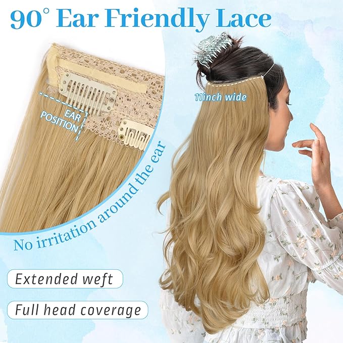 KooKaStyle Invisible Wire Hair Extensions 20"Long Wavy Layered Synthetic Clip in with Adjustable Size 6 Secure Clips Golden Blonde Natural Soft Thick Hairpieces for Women 20 Inch