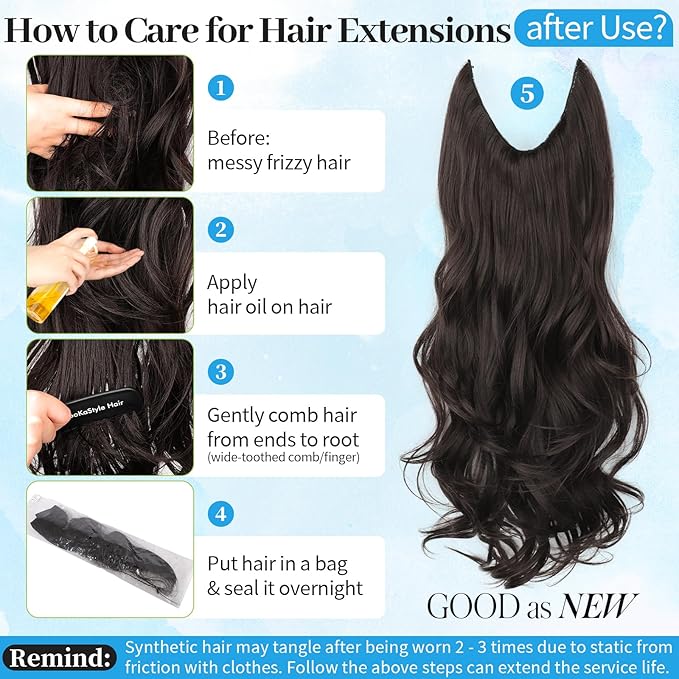 KooKaStyle Invisible Wire Hair Extensions 24‘’ Long Wavy Layered Synthetic Clip in Hair Extensions with Transparent Wire Adjustable Size 6 Secure Clips Dark Brown Thick Hairpieces for Women 24Inch