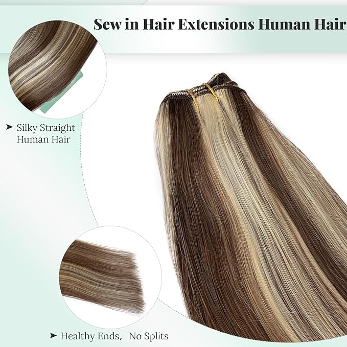 Blonde Highlights Sew in Hair Extensions Real Human Hair Bundles Medium Brown Mix Bleach Blonde Highlight Hair Wefts Hand Tied Sew in Human Hair Extensions 22 Inch 120G