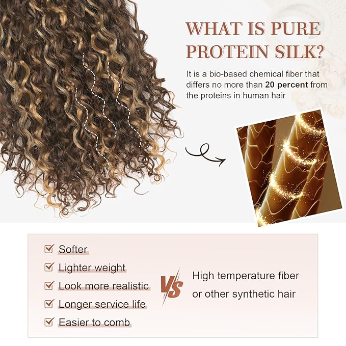 Clip in Hair Extensions, FLUFYMOOZ 4PC 100％ Pure Protein Silk Hair Extensions Long Soft Natural Hairpiece 20 Inch Curly Hair Extension for Women (Dark Golden Brown with Highlight)