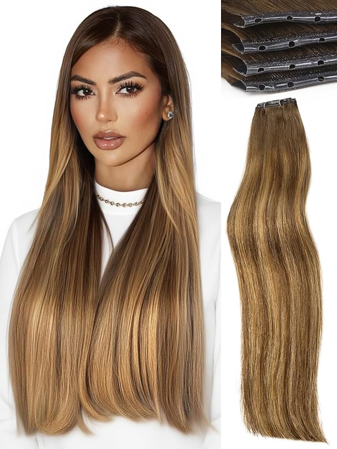 WIGNEE Double Weft Invisible PU OVO Human Hair Extensions 22 Inch Micro Beads Hair Extensions Real Human Hair Highlight Honey Blonde Genius Weft Hair Extensions Human Hair(T4/27)