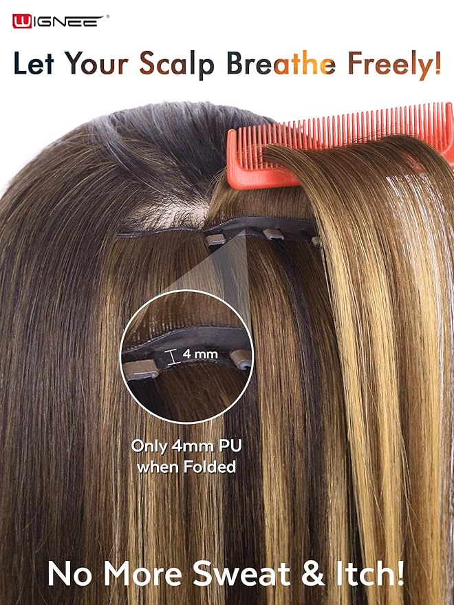 WIGNEE OVO Double Hand-Tied Balayage Hair Extensions – 20 Inch, 100g, 5PCS, Highlight Honey Blonde Remy Human Hair, Genius Invisible Sew-In Weft, Glueless, Seamless Soft Silky Hair Extensions (T4/27)