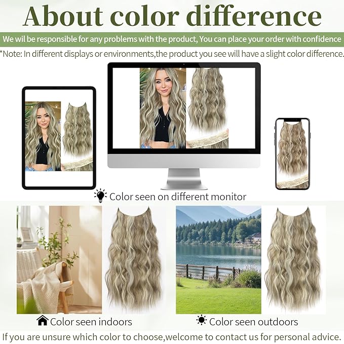 KooKaStyle Invisible Wire Hair Extensions with Transparent Headband Adjustable Size 4 Secure Clips Long Wavy Secret Wire Synthetic Hairpiece 20 Inch for Women(10H24#Dirty Blonde Mixed Bleach Blonde)