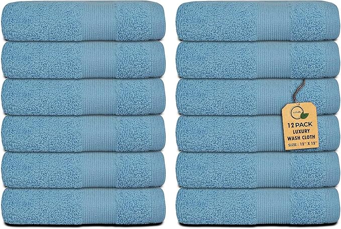 Premium Wash Cloths Pack of 12 (13" x 13") 100% Ring Spun Cotton | Luxury Washcloths | Ultra Soft Face Towels | Highly Absorbent Wash Cloths for face (Sky Blue)