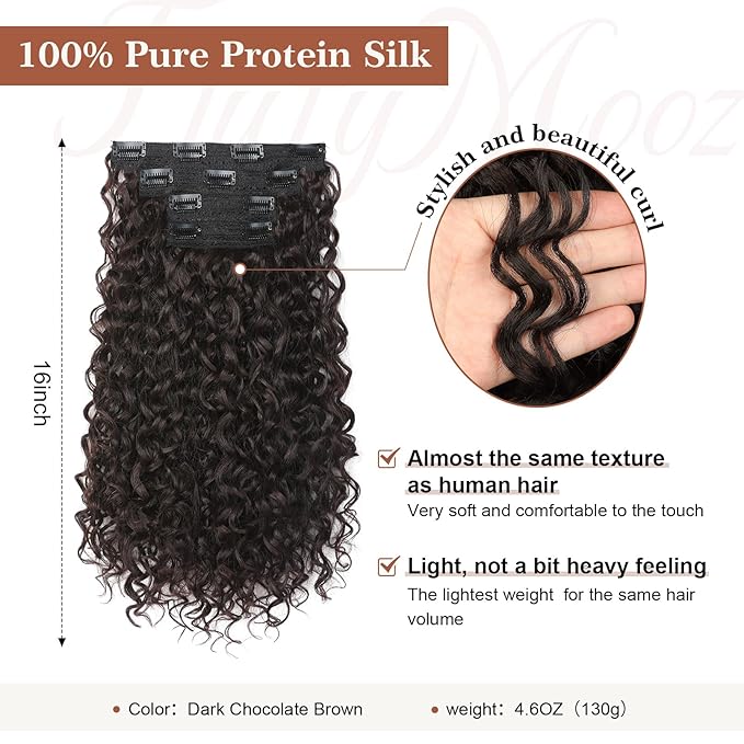 Clip in Hair Extensions, FLUFYMOOZ 4PC 100％ Pure Protein Silk Hair Extensions Long Soft Natural Hairpiece 16 Inch Curly Hair Extension for Women (Dark Chocolate Brown)