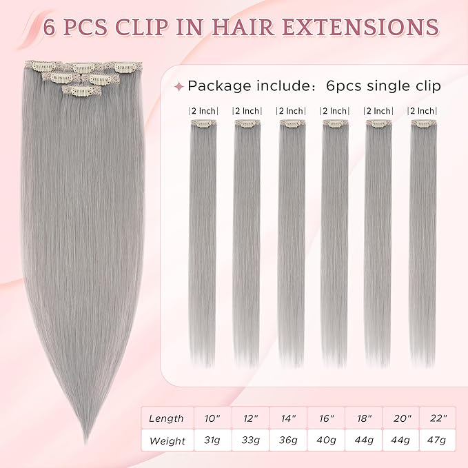 SEGO Clip In Short Hair Extensions Real Human Hair Single 6 Pcs Silver Grey Individual Clip Ins Remy Straight Soft Seamless Hairpieces for Women -10 Inch #G1 Grey