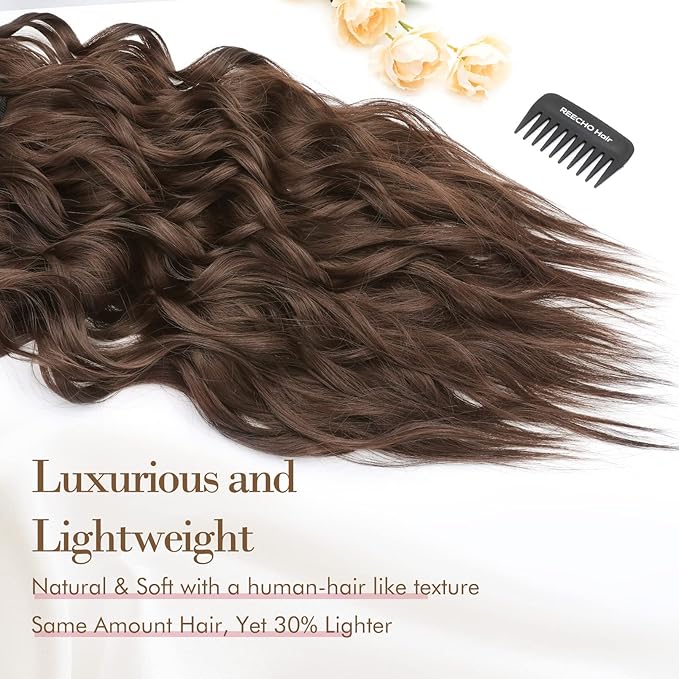 REECHO Hair Extensions, 4PCS Clip in Hair Extensions HE001 Natural Soft Synthetic Hairpieces for Women, Chocolate Brown