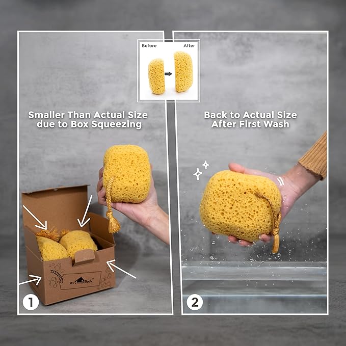 myHomeBody Bath Sponge, Foam Loofah, Body Scrubber for Bathing, Exfoliating Shower Pouf for Shower – Large Size, Lots of Lather, Oval, 2 Pack