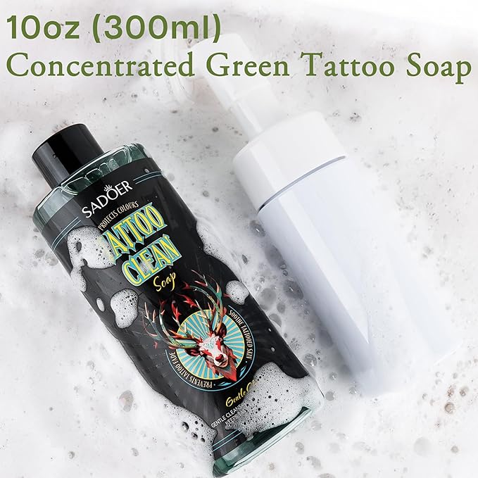 Ultra-Concentrated Tattoo Green Soap 10oz with Foaming Bottle 120ml, Clean Skin Equipment,1:10 Dilution Tattoo Soap Supplies for Tattoos Piercings