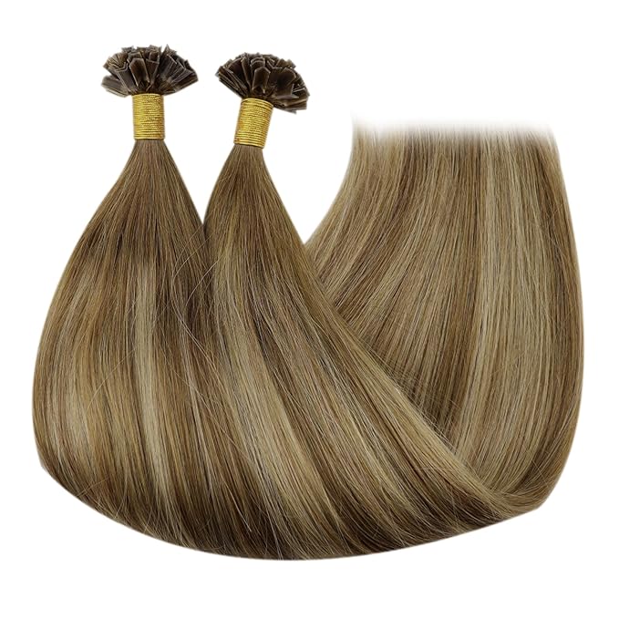 Full Shine K Tip Hair Extensions Real Human Hair Brown Ombre Blonde and Brown Keratin Human Hair Extensions 24 Inch Long Straight Hair Fusion Extensions 50 Grams add Length