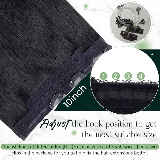RUANTURE Invisible Wire Hair Extensions Real Human Hair, Wire Hair Extensions Black 16 Inch 80g One Piece, Natural Blend, Suitable for Daily Wearing #1 Jet Black