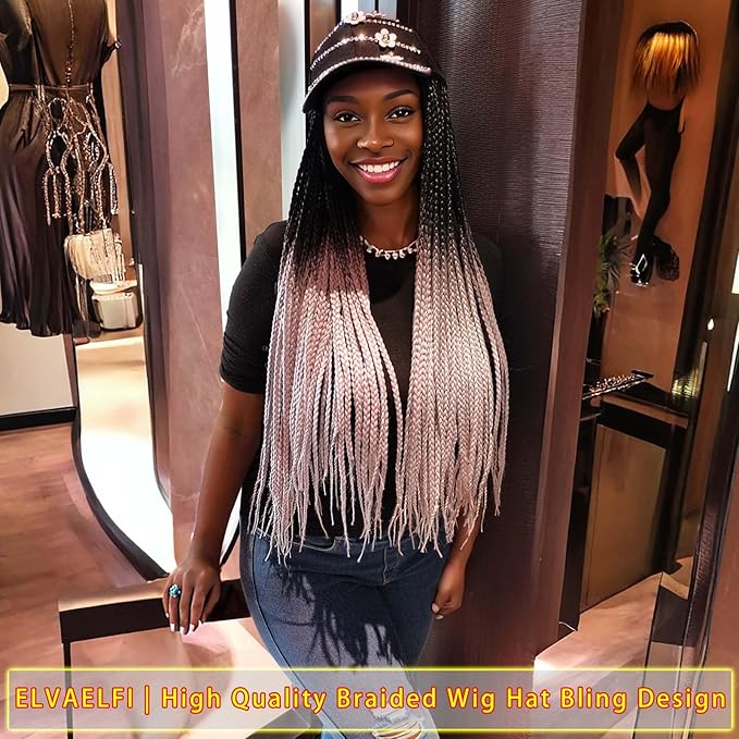 24in 3x Braided Wigs Hat Ombre Silver Gray, Ghic Bling Cap Wig for Women Girls Easy Style