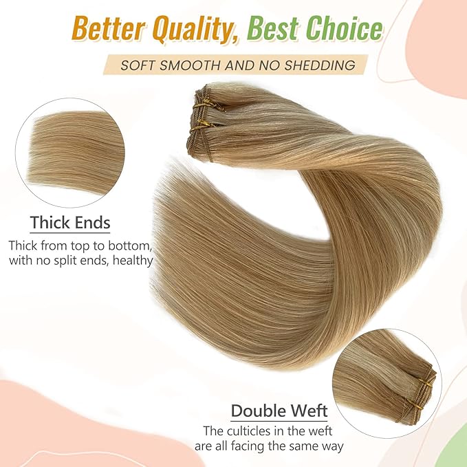 Human Hair Sew in Weft Extensions, 20IN 100G Light Strawberry Blonde Mix Bleach Blonde Highlight, Real Human Hair Hand Tied Weave Bundles