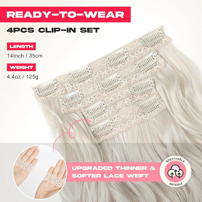 Hair Extensions, 14" Short Clip in Hair Extensions 4PCS Beach Wave Blonde Natural Soft Synthetic Hairpiece for Women - Platinum Blonde