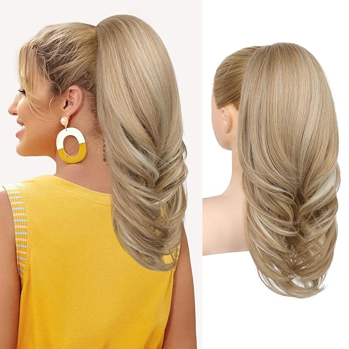 SEIKEA Versatile Drawstring Ponytail Extension, 18" Long Wavy Multi Layered Clip in Ponytail Hair Extensions Stand Up High Fake Pony Tail Soft Natural Synthetic Hairpiece Dark Blond/White Blonde