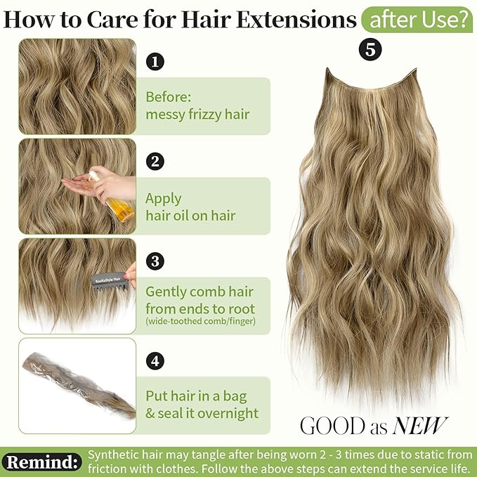 KooKaStyle Invisible Wire Hair Extensions with Transparent Headband Adjustable Size 4 Secure Clips Long Wavy Secret Wire Hairpiece for Women(24Inch Light Brown mix Golden Blonde)