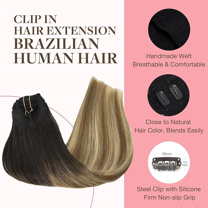 GOO GOO Clip in Hair Extensions Real Human Hair, Remy Human Hair Extensions Clip ins for Women, Natural Human Hair, 12inch 85g 7Pcs, 2/6/18 Balayage Brown to Dirty Blonde