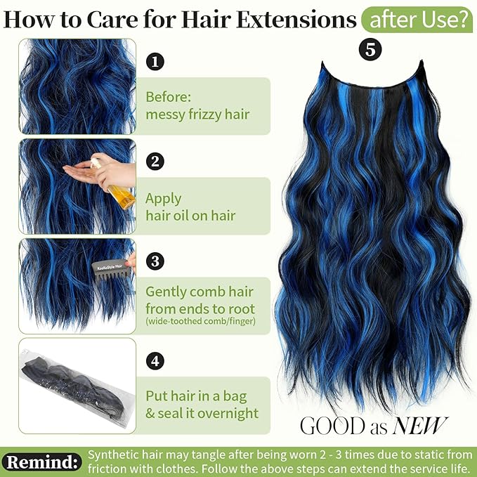 KooKaStyle Invisible Wire Hair Extensions with Transparent Headband Adjustable Size 4 Secure Clips Long Wavy Highlight Synthetic Hairpiece 20 Inch Black with Blue for Women