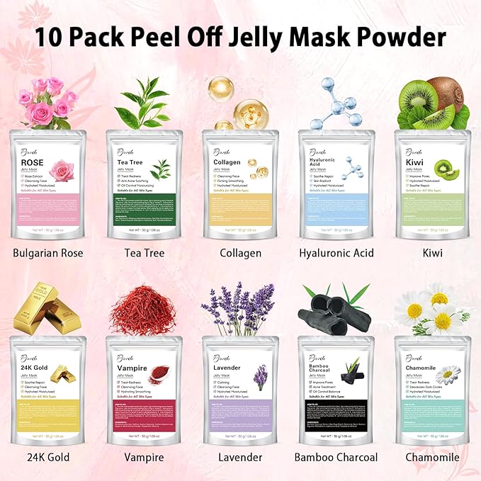 Jelly Masks Set for Facials Professional Spa,10 Pack Jelly Mask Powder with Mixing Bowl Set, Peel Off Hydrojelly Mask for Hydrating, Nourishing & Soothing, Christmas Gifts for Women