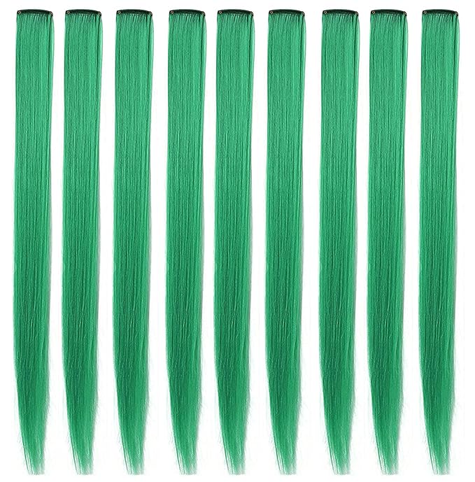 Rhyme 9PCS Green Hairpieces 21inch Colored Hair Extensions Clip in/on for Girls and Women Party Highlight Christmas Wig Pieces Hair Accessories (Green)