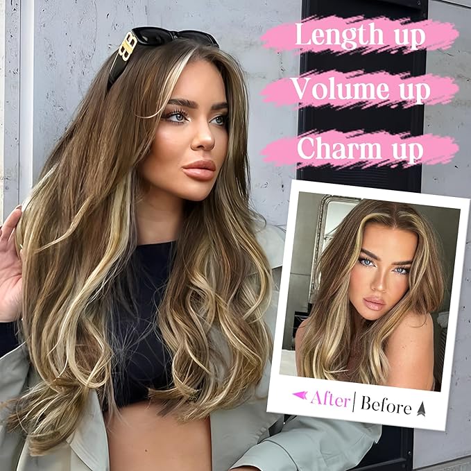 Invisible Wire Hair Extensions with Transparent Wire Adjustable Size 4 Secure Clips Long Wavy Secret Hairpiece 20 Inch for Women(Light Brown with Caramel Blonde)