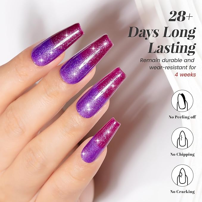 YTD Likomey Color Changing Gel Nail Polish 2 Pcs Set,15ml Purple To Dark Wine Red Pure Color and Glitter Nails Gel Kit,Thermal Ombre Change Colors Salon Manicure Fall Winter UV Varnish,WB2-7