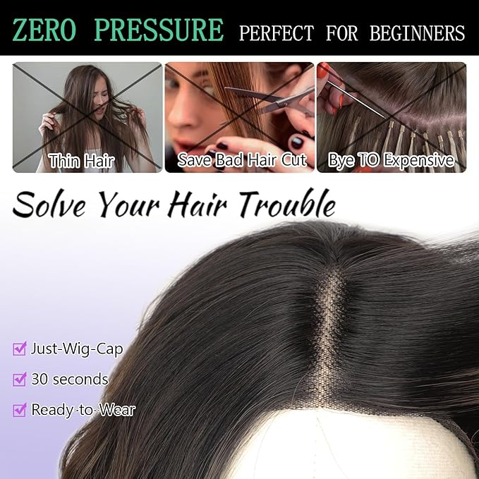 AISI HAIR 14 Inch Brown Mix Blonde Wigs for Women - Shoulder Length Wave Wig with Pre-Cut Lace Hairline, Middle Part Natural Wavy Bob Synthetic Heat Resistant Fiber for Daily and Party