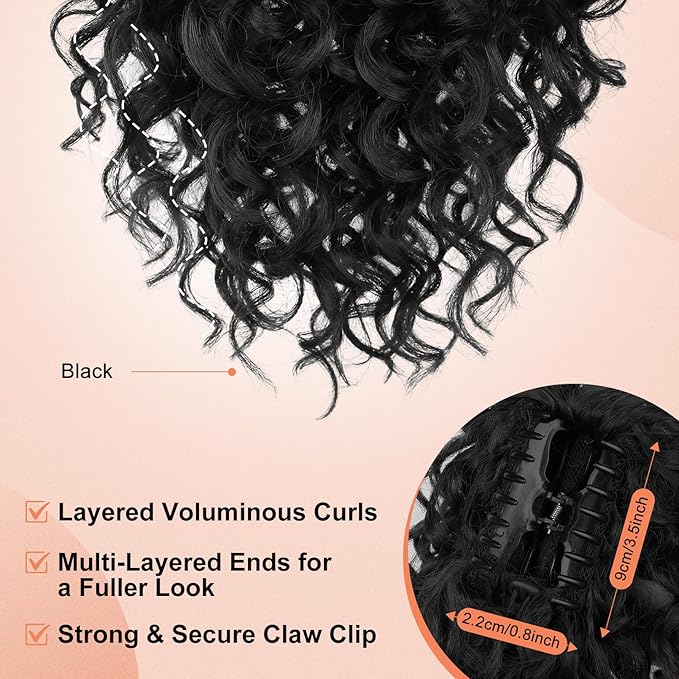 SEIKEA Ponytail Extension, 18" Claw Clip Ponytail Extension Wavy Curly Jaw Clip in Ponytail Hair Extensions Fluffy Natural Soft Fake Pony Tails Synthetic Hairpiece Black