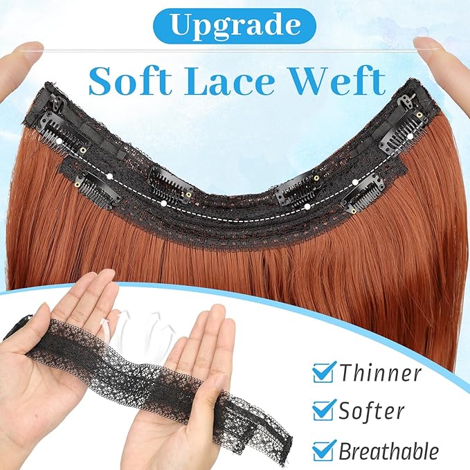 KooKaStyle Invisible Wire Hair Extensions Long Wavy Layered Synthetic Hair Extensions with Transparent Wire Adjustable Size 6 Secure Clips Auburn Hairpieces for Women 20 Inch