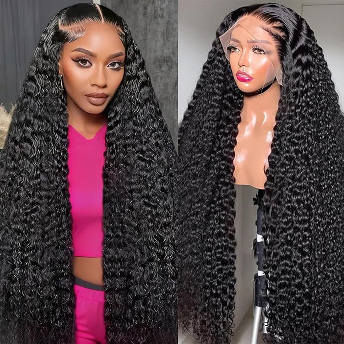 200% Density 13x4 Lace Front Wigs Human Hair Deep Wave Wigs for Women HD Transparent Full Lace Frontal Wigs Pre Plucked Human Hair Lace Front Wigs 26 Inch Glueless Curly Wig Natural Color