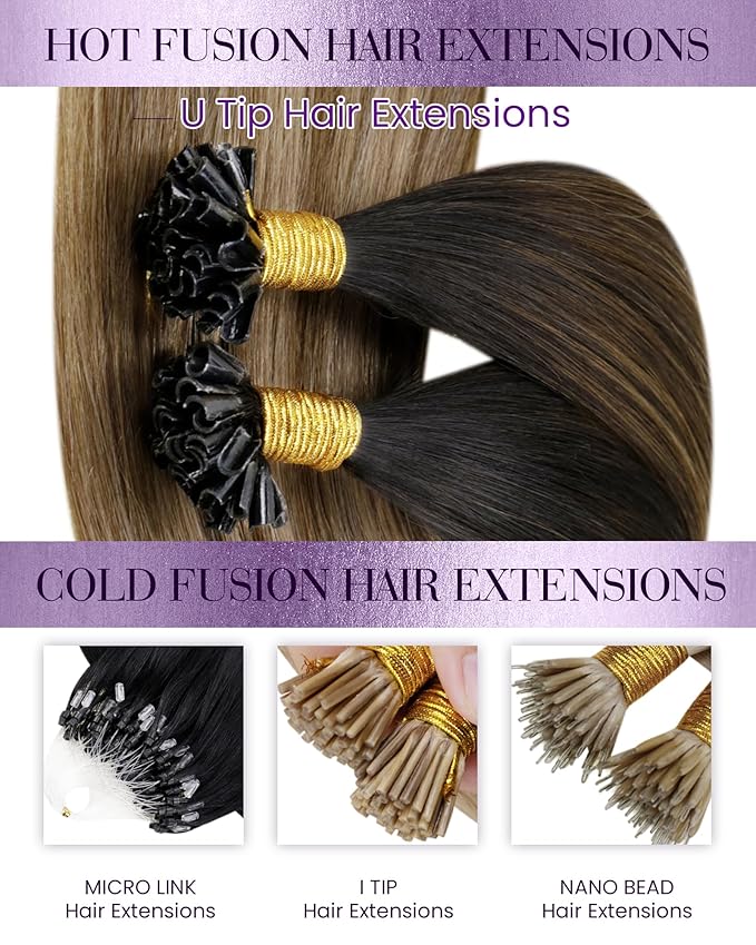 LaaVoo K Tip Hair Extensions Real Human Hair Balayage Brown Utip Hair Extensions Human Hair Ombre Dark Brown to Chestnut Brown with Ash Brown Pre Bonded 50g/s 16inch