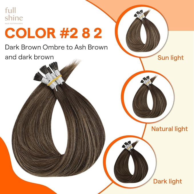 Full Shine I Tip Hair Extensions Human Hair Color 2/8/2 Balayage Brown 22 Inch Itip Human Hair Extensions 50 Grams Pre Bonded Extensions Remy Hair for Wedding