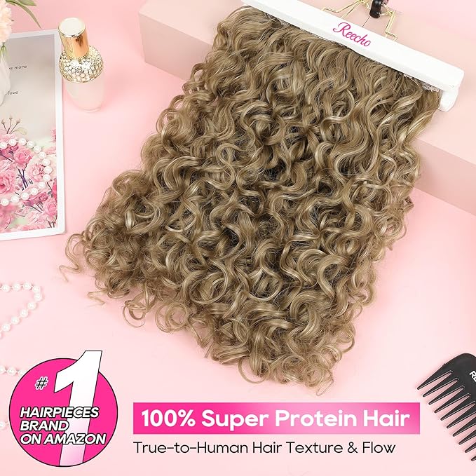 REECHO Curly Hair Extensions - 4PCS 14" GoGo Curly Clip in Hair Extensions 100% Super Protein Hairpieces with Invisible Lace Weft Silky Soft Natural Look for Women - Honey Blonde with Highlights