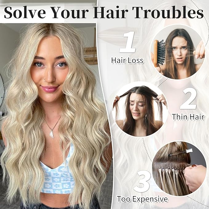 KooKaStyle Invisible Wire Hair Extensions with Transparent Headband Adjustable Size 4 Secure Clips Long Wavy Secret Wire Hairpiece 20 Inch for Women (20 Inch, Light Brown mix Platinum Blonde)